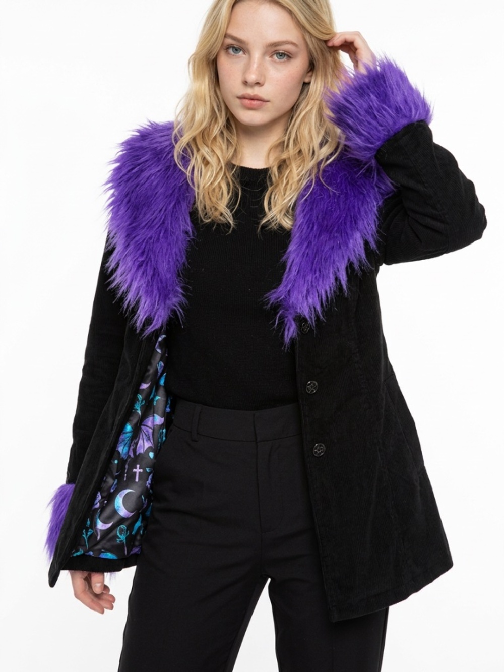 THE GRAVE GIRLS • Dolls Kill Black Corduroy Coat S Purple Faux Fur Pentagram